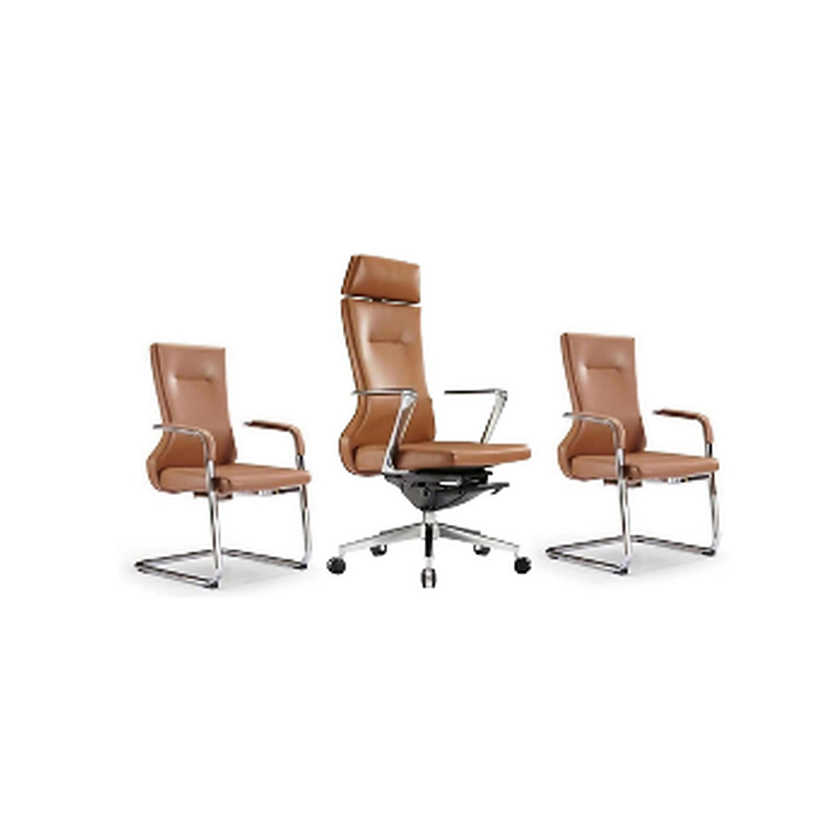 Trio Élégant : Fauteuil Direction & Chaises Visiteur en Simili Cuir Brun