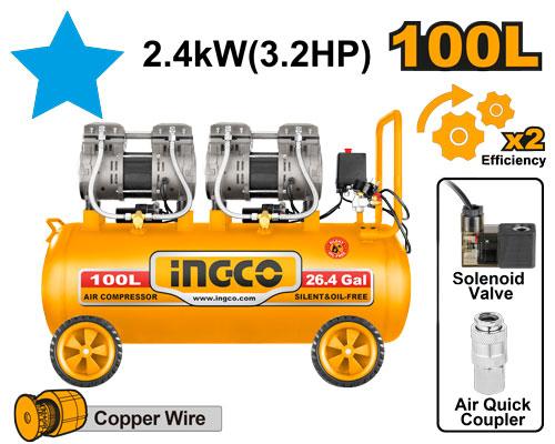Compresseur Silencieux 100L 2×1200W （3.2HP – INGCO
