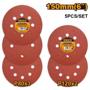 Jeu feuilles abrasives ponceuse orbitale 5pcs 150mm – INGCO - vue 1 - référence AKRS150051