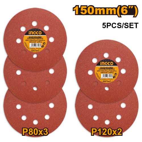 Jeu feuilles abrasives ponceuse orbitale 5pcs 150mm – INGCO
