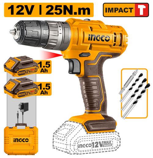 Perceuse-visseuse à percussion 12 V 25 Nm avec 2 batteries – INGCO CIDLI1228