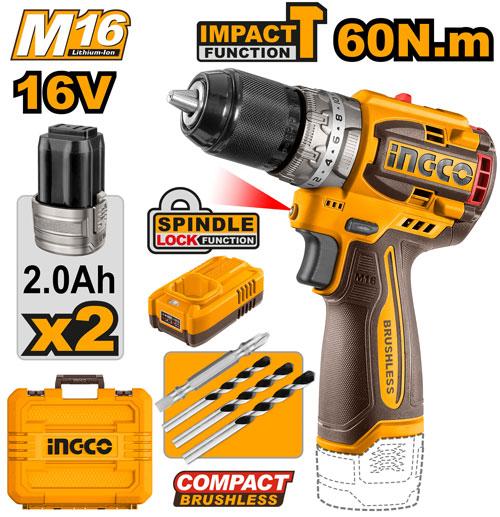 Perceuse à percussion compacte sans fil et sans balais – 16 V – INGCO CIDLI16682