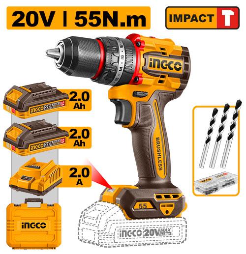 Perceuse-visseuse à percussion sans balais 20 V 55 Nm avec 47 accessoires – INGCO CIDLI20558