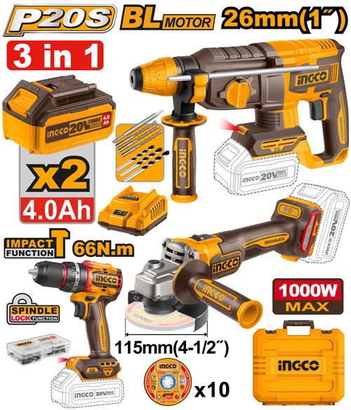 Kit combiné sans fil 3 pièces – INGCO – 20 V – COSLI241198