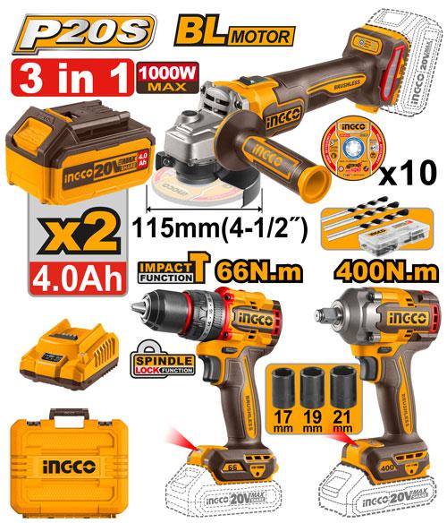 Kit combiné sans fil 3 pièces – INGCO – 20 V – COSLI241291