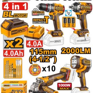 Kit combiné sans fil 4 pièces – INGCO – 20 V – COSLI241292 - vue 1 - référence COSLI241292