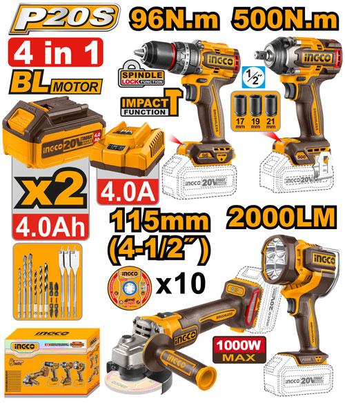 Kit combiné sans fil 4 pièces – INGCO – 20 V – COSLI241292