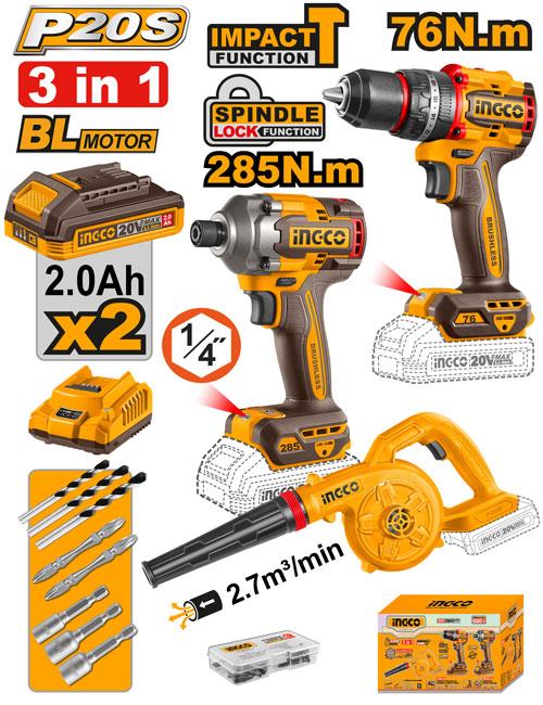 Kit combiné sans fil 3 pièces – INGCO – 20 V – COSLI250182