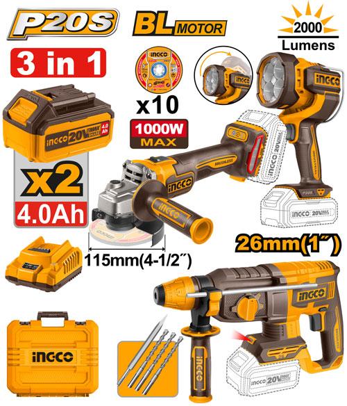 Kit combiné sans fil 3 pièces – INGCO – 20 V – COSLI250183