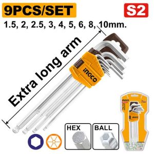 Clés mâles Hex Extra long Set de 9 pièces 1.5-10mm – INGCO - vue 1 - référence HHK12092