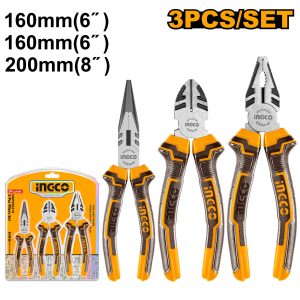 Set de 3 pinces universelle 200mm +diagonale 160mm +bec long 160mm – INGCO – HKPS08318 - vue 1 - référence HKPS08318
