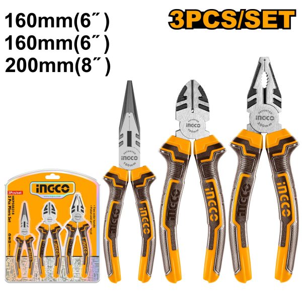 Set de 3 pinces universelle 200mm +diagonale 160mm +bec long 160mm – INGCO – HKPS08318