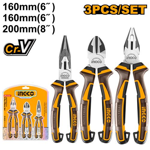 Set de 3 pinces universelle 200mm +diagonale 160mm +bec long 160mm – INGCO – HKPS28318