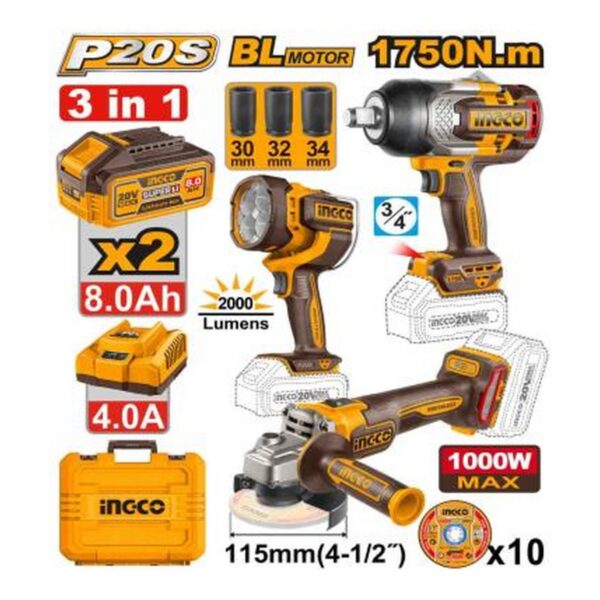Kit combiné sans fil 3 pièces – INGCO – 20 V – COSLI250593