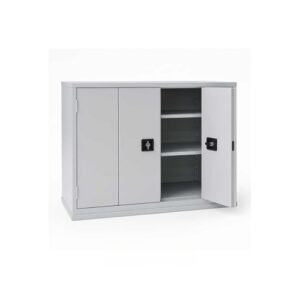 Armoire basse en métal avec portes pliantes et serrure – 2 étagères ajustables – 1000×1200×450 mm – Finition gris clair