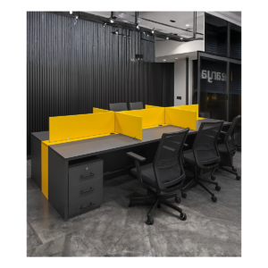 Bench 6 postes « Nearya Focus » – Bureau collaboratif avec cloisons jaunes pour open space dynamique - MOB-BURE-009
