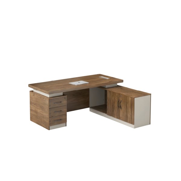 Bureau de direction en bois naturel avec façade géométrique métal