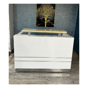Comptoir d’accueil blanc brillant avec rehausse bois – Design épuré pour espaces professionnels accueillants - MOB-COMP-011
