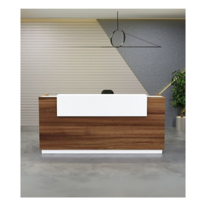 Comptoir d’accueil bois avec cadre lumineux blanc – design contemporain et angulaire - MOB-COMP-014