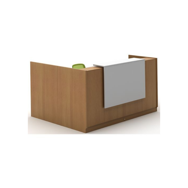 Comptoir d’accueil bois avec panneau blanc – design fermé et fonctionnel