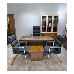 Ensemble Bureau Direction – Bois Contrasté & Cuir Noir Structuré - MOB-ENSE-004