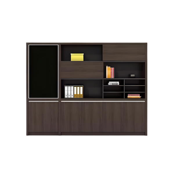 Armoire de bureau multifonction en bois foncé – Design moderne et rangements intégrés