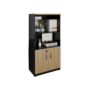 Meuble de rangement bois & noir – avec étagère ouverte et placard bas - MOB-MEUB-021