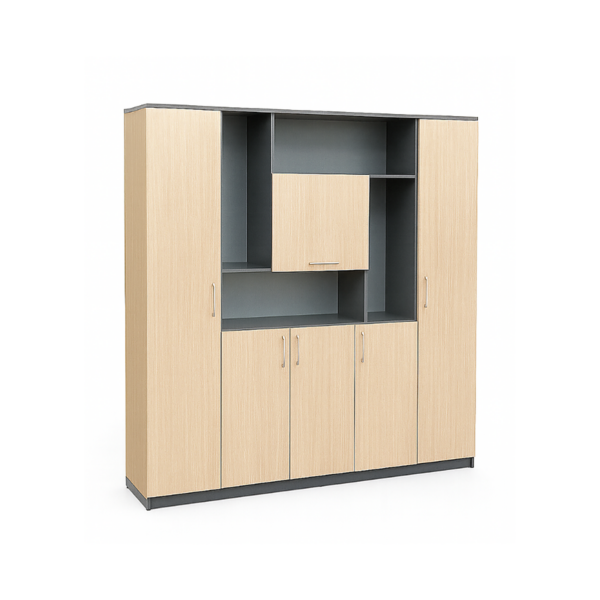 Meuble de rangement bois clair et gris – Organisation polyvalente