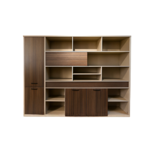 Meuble de rangement modulable en bois foncé – design contemporain avec portes et étagères ouvertes - MOB-MEUB-026