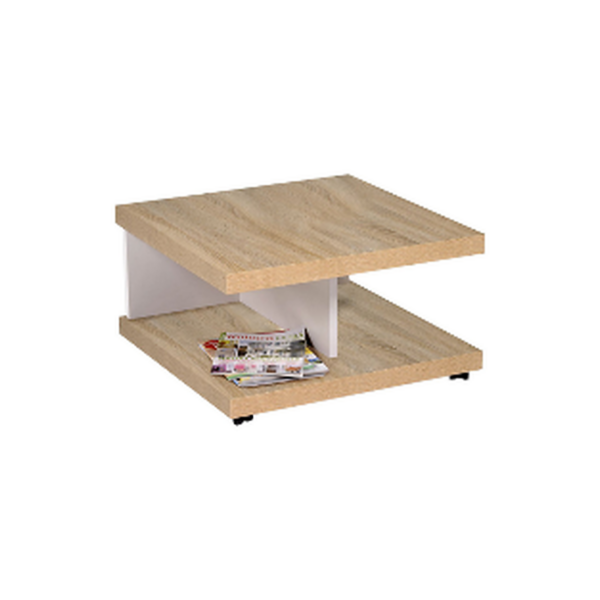 Table basse carrée bois & blanc – Design asymétrique avec rangement intégré