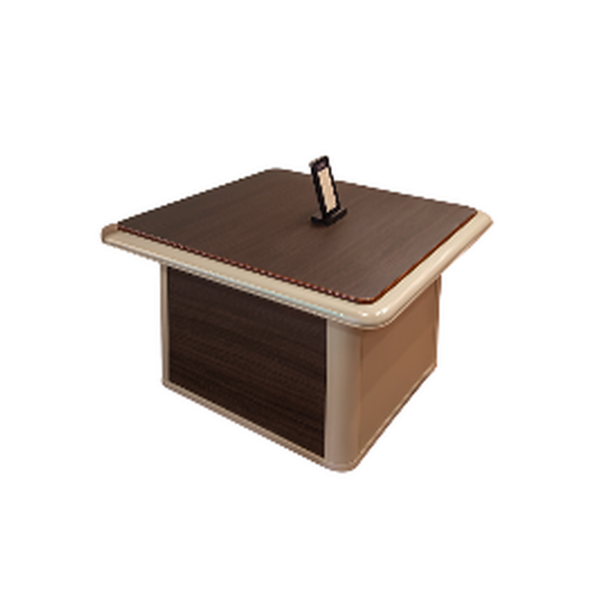 Table carrée moderne avec plateau bois foncé et base beige arrondie