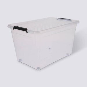 Boîte de rangement transparente à roulettes 60 L